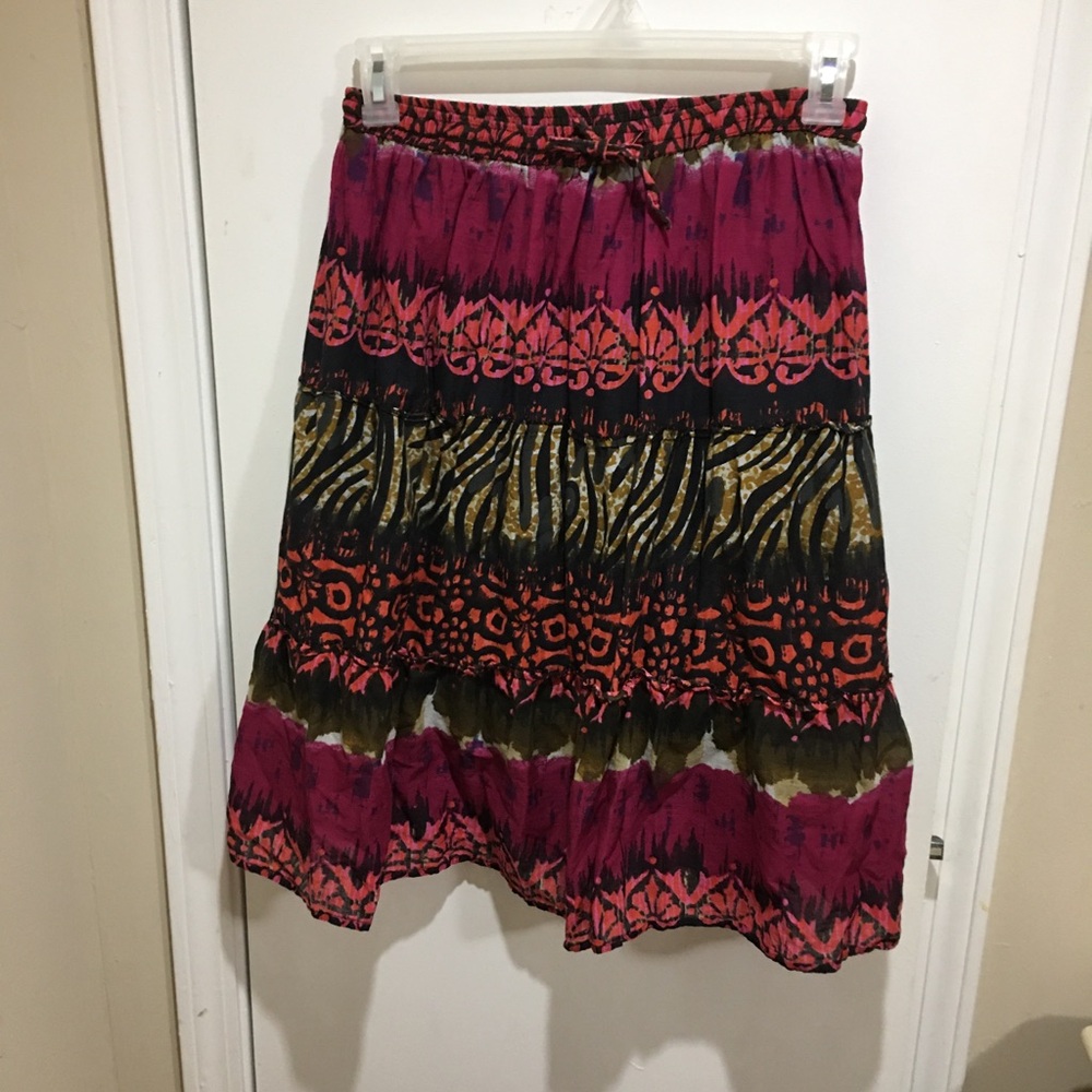 Boho Cotton A-Line Skirt Magenta, Olive & Black Patterned